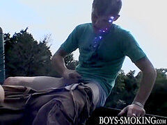 Lusty youngster fuckers masturbate together and smoke outdoors