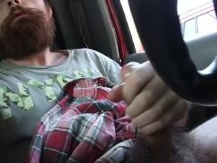 'Dildo in Ass and Stroking Cock in Car'